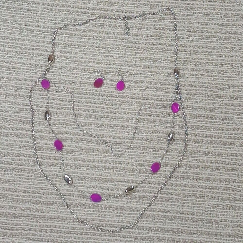 Multi Strand Necklace Earrings Fuchsia Silver Oval Beads Butterfly Charm Jewelry